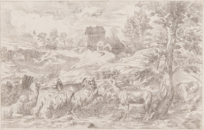 Titian etching from 1682 Shepherd asleep under tree